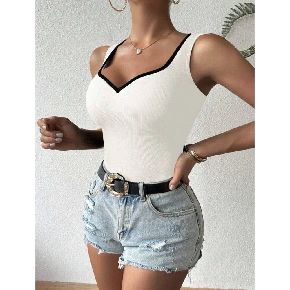 Sweetheart Neck Ribbed Stretch White Black Trim Colorblock Casual Tank Top NEW M - Picture 3 of 10